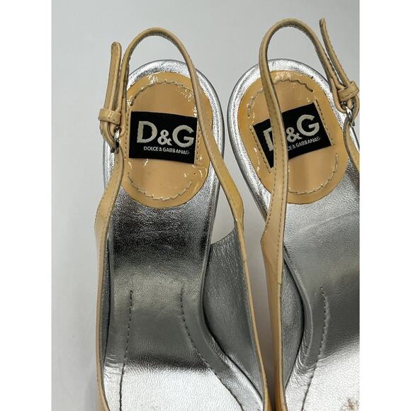 DOLCE & GABBANA D&G Patent Leather Beige Sling Back Heels Sz 36.5/6 US Peep Toe - Picture 9 of 15
